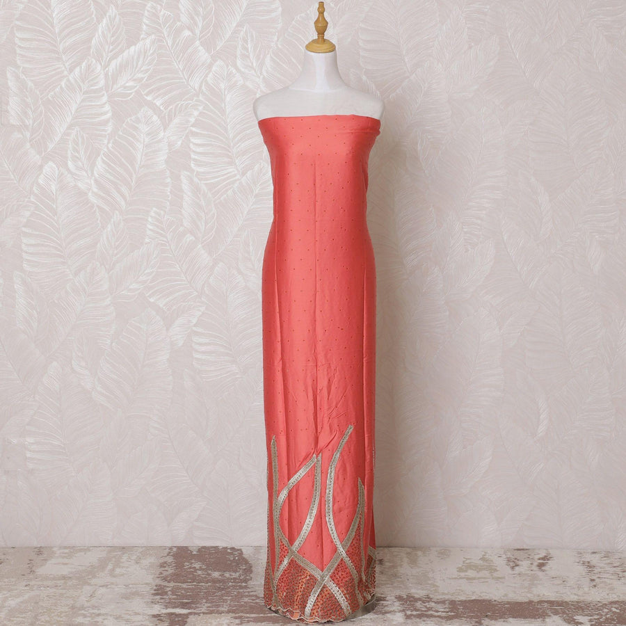 Salmon peach blended cotton lawn fabric with same tone, gold embroidery having stone work in fancy design-D15064