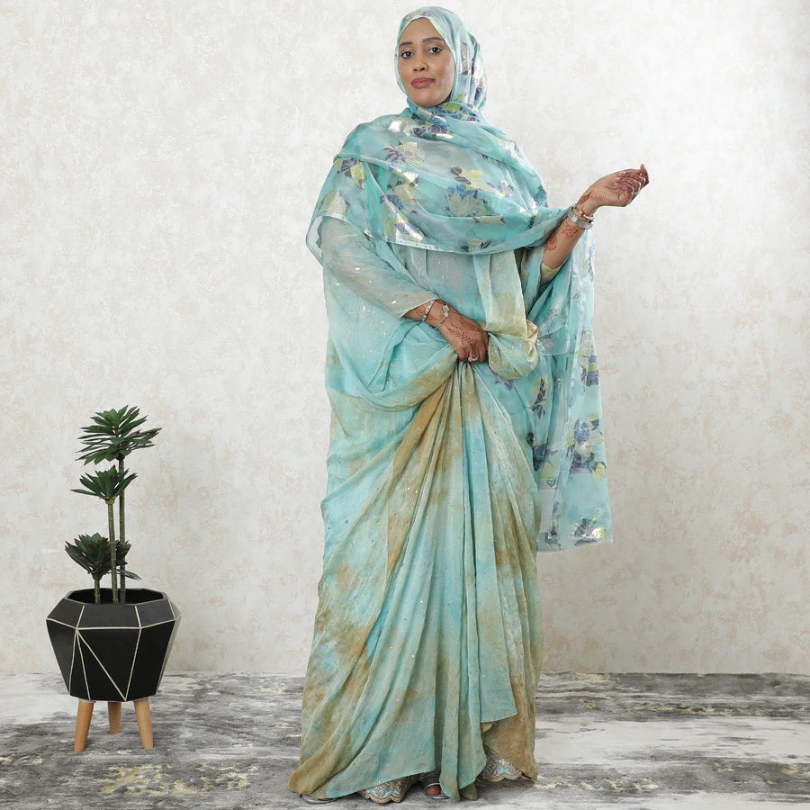 Ultramarine green Premium pure French (Fransawi) silk chiffon hand printed garbasaar with multicolor metallic lurex in floral design-D9539