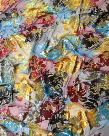 قماش شيفون حريري متعدد الألوان مطبوع رقميًا (مكمل) مع طبقة لوريكس معدنية ومخمل بتصميم زهور لديراك - D9902