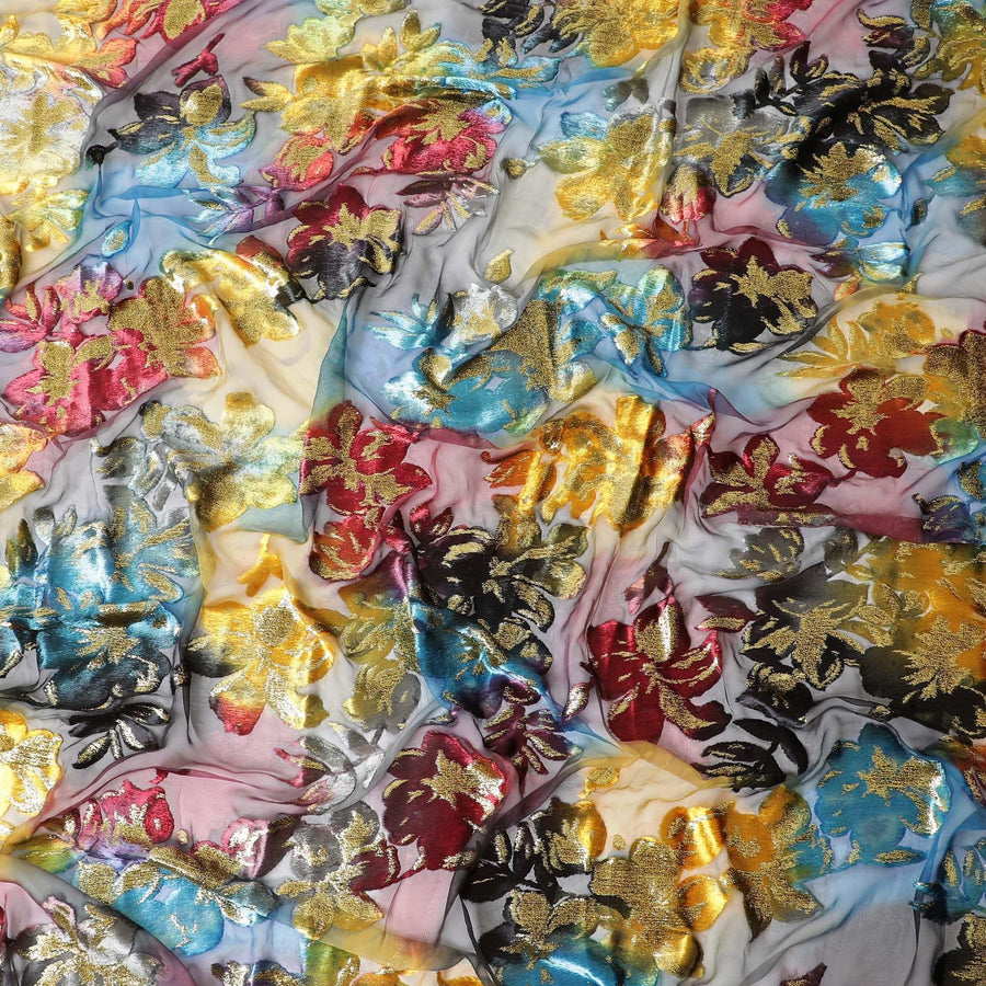قماش شيفون حريري متعدد الألوان مطبوع رقميًا (مكمل) مع طبقة لوريكس معدنية ومخمل بتصميم زهور لديراك - D9902