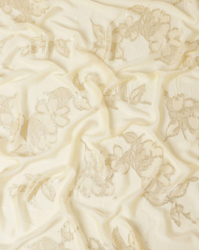 Light gold premium pure (Fransawi) French silk chiffon fabric with gold metallic lurex in floral design-D11535