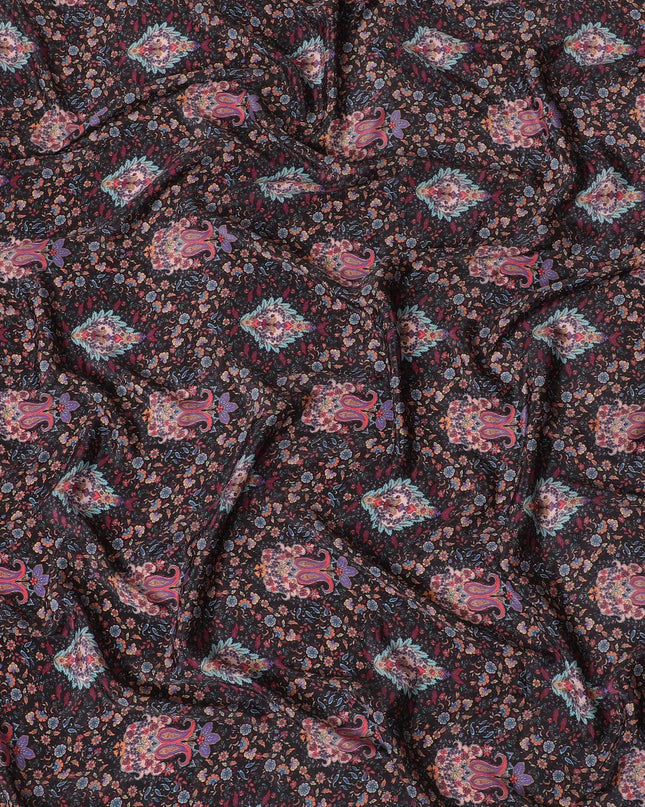 Black synthetic crepe fabric with multicolor print in floral design-D15027