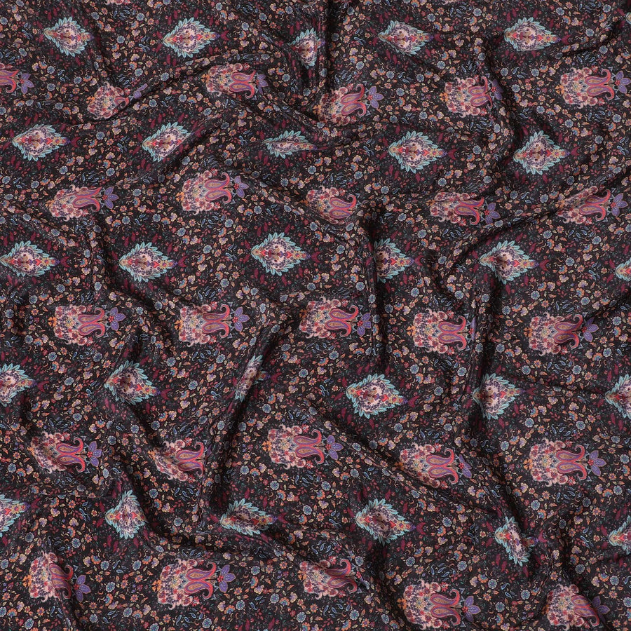 Black synthetic crepe fabric with multicolor print in floral design-D15027 Regal Fabrics