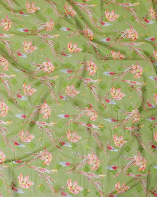 Pastel green cotton voile fabric with same tone clipcord having multicolor print in floral design-D9060 Regal Fabrics