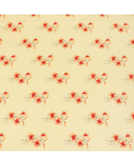 Honey yellow Premium pure silk crepe fabric with peach, orange and black print in floral design-D13852