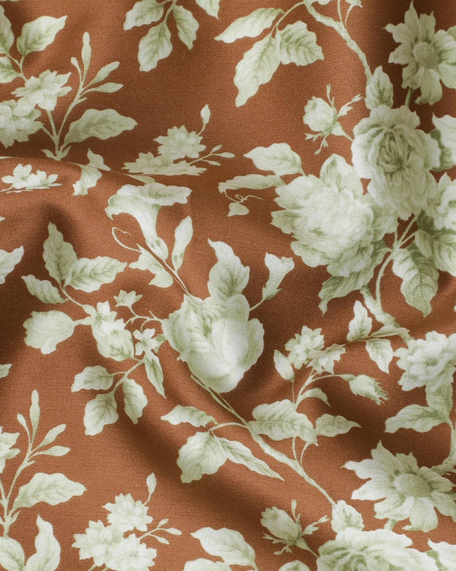 Medium pearwood brown printed cotton satin with green prints in floral design-D11266
