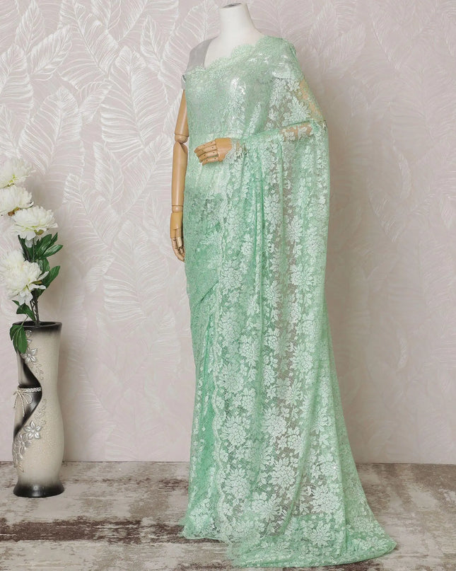 Mint green Premium pure French chantilly lace saree having stone work and same tone outline metallic lurex in floral design-D14618 Regal Fabrics