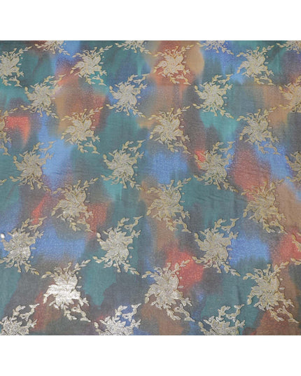 Multicolor premium pure handprinted silk chiffon fabric with gold metallic lurex in fancy design-D10408
