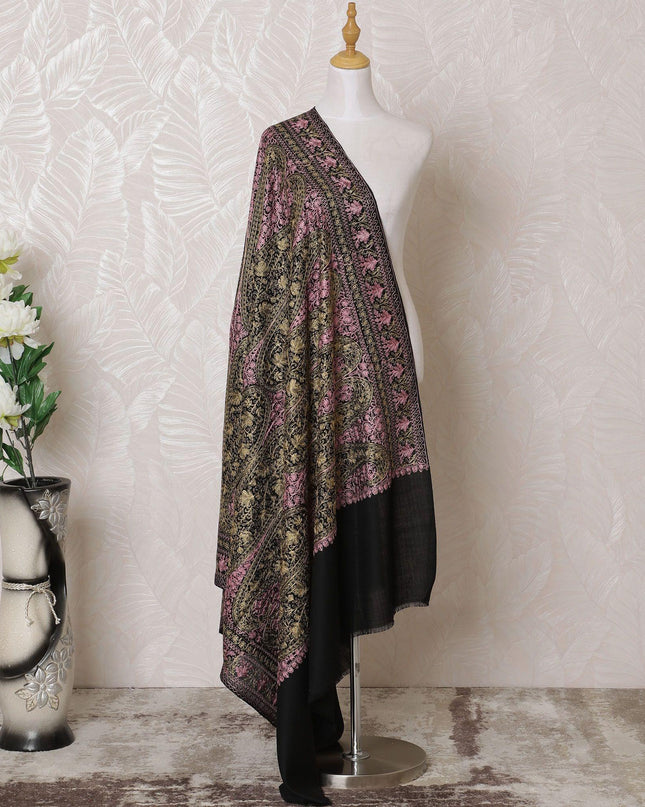 Black Premium pure kashmiri shawl with gold and baby pink jacquard in floral design-D14939