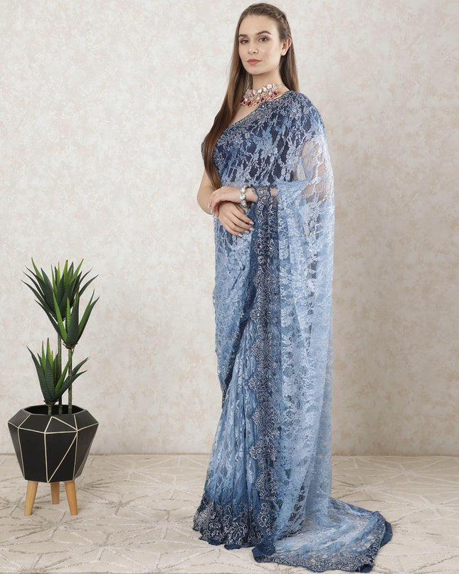 Blue, Baby blue Premium French chantilly shaded lace saree with stone work in floral design-D10177