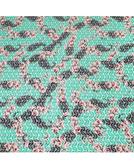 Turquoise green Premium Italian Silk chiffon dirac (makmal) fabric with multicolor print having velvet jacquard in floral design-D8696 Regal Fabrics
