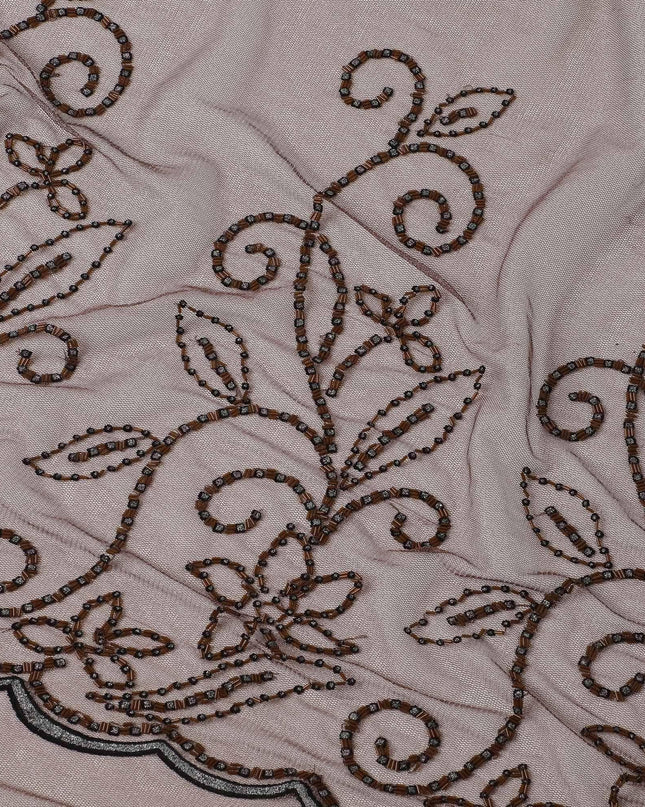 Pecan brown fancy net fabric with brown & black bead work in floral design Regal Fabrics