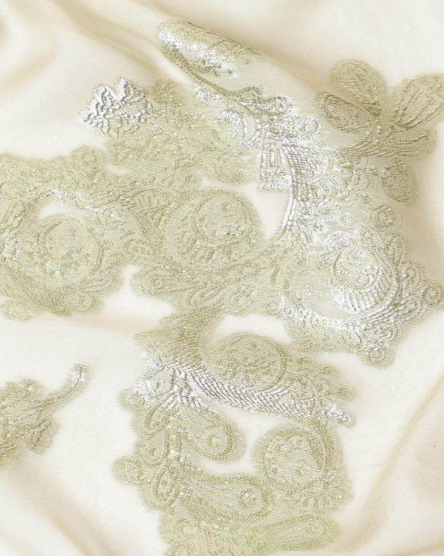 Beige premium pure silk chiffon dirac fabric with gold metallic lurex in floral design-D9326