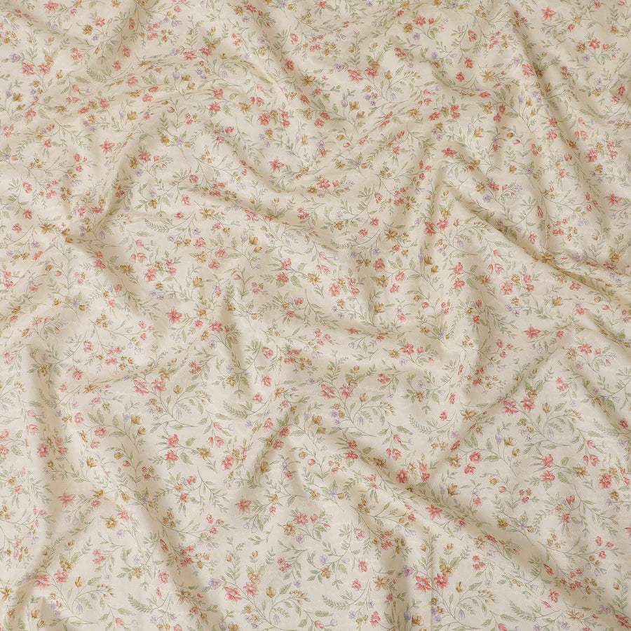 قماش قطني مخلوط باللون البيج مع طباعة متعددة الألوان بتصميم الأزهار-D15138