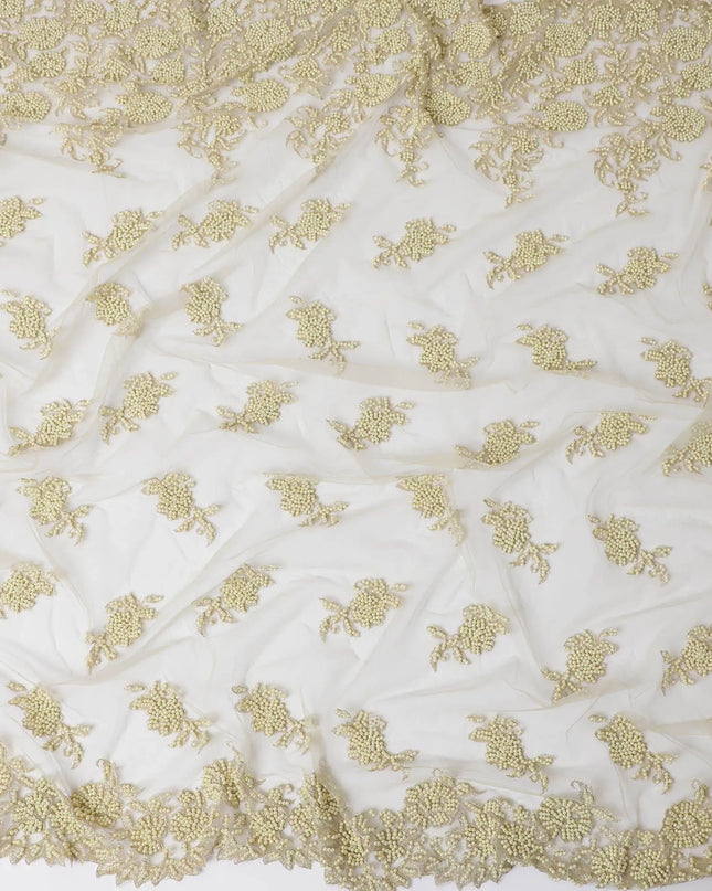 Gold nylon tulle fabric with same tone embroidery, pearls in Floral Design-D11728 Regal Fabrics