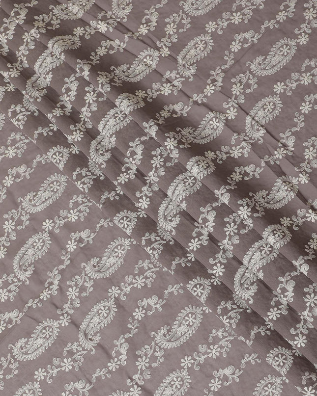 Light brown premium pure cotton voile fabric with beige embroidery in paisley design-D13634