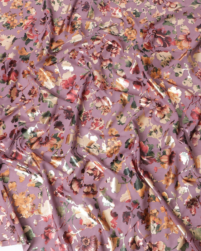Light plum cotton voile fabric with multicolor metallic foil print in floral design-D9779