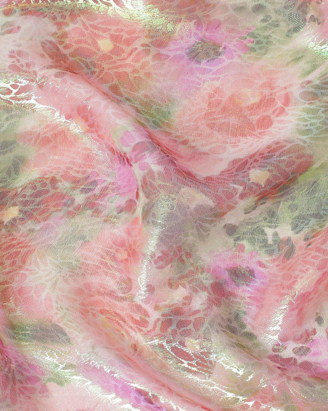 قماش شيفون حريري نقي فاخر متعدد الألوان مع لوريكس معدني أخضر نيون بتصميم زهور-D15461