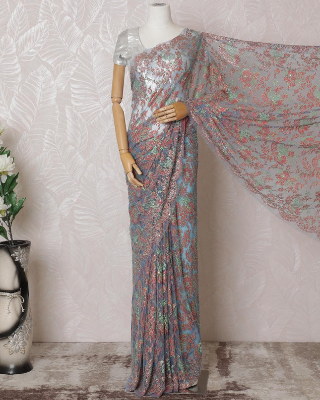 Sky blue, salmon, sage green premium pure French chantilly lace saree having stone work in floral design-D14894
