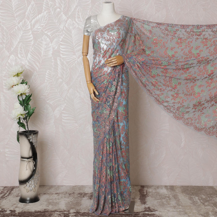Sky blue, salmon, sage green premium pure French chantilly lace saree having stone work in floral design-D14894