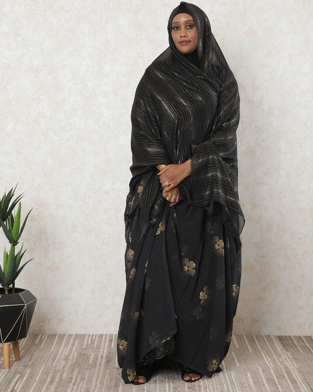 Black premium pure silk chiffon garbasaar with gold metallic lurex in stripe design-D11548