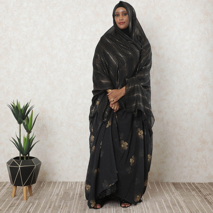 Black premium pure silk chiffon garbasaar with gold metallic lurex in stripe design-D11548 Regal Fabrics