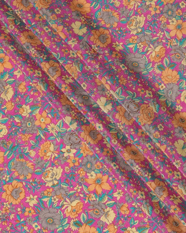 Magenta pink silk crepe fabric with light orange, blue and cream prints in floral design - D9908 Regal Fabrics