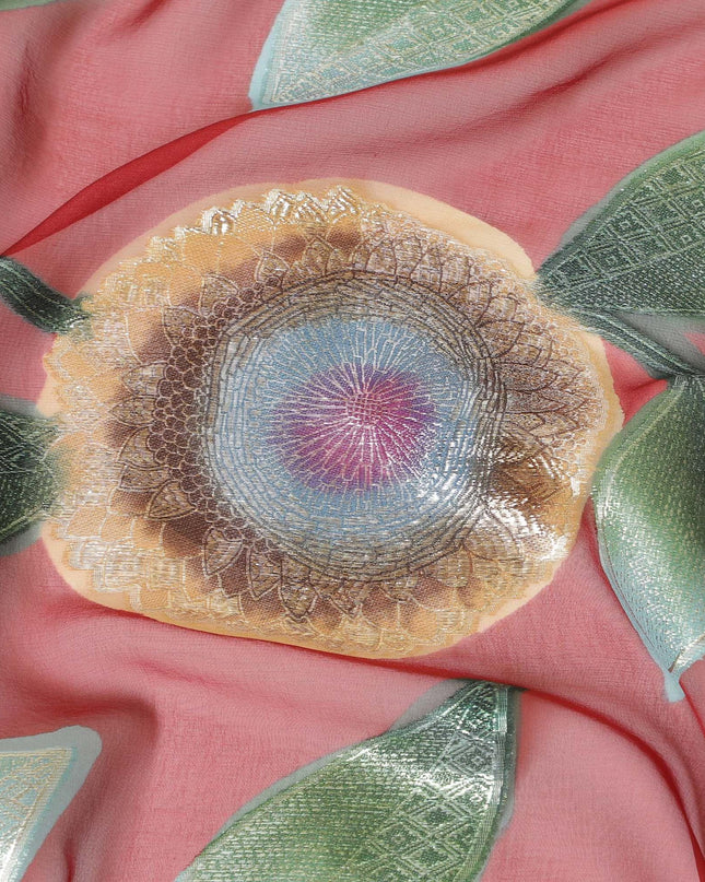 Barn red pure silk chiffon fabric with sage green, light gold and brown print having gold and silver metallic lurex in leaf design-D7475