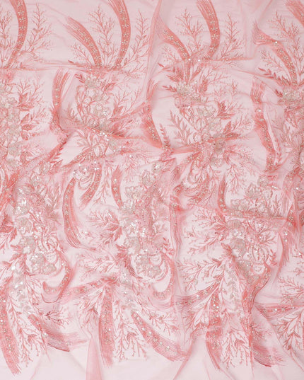 قماش تول من النايلون المرجاني الخوخي مع نفس التطريز والترتر والخرز واللؤلؤ بتصميم الأزهار-D13972