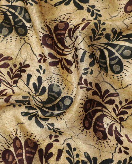 Latte beige premium pure silk satin fabric with multicolor print in paisley design-D13217