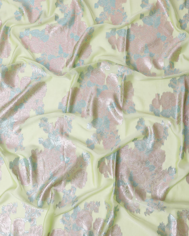 Lime green Premium pure French (Fransawi) silk chiffon garbasaar with baby blue and rose pink metallic lurex in floral design-D11561