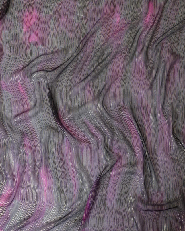 Black premium pure silk chiffon fabric with pink print having gold metallic lurex in stripe design-D9045