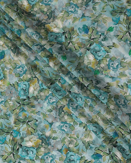 Powder blue viscose crepe fabric with multicolor print in floral design-D15645