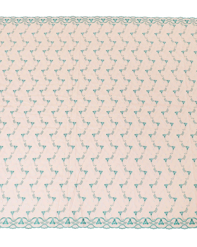 Light peach Premium 100% Swiss cotton voile (Sudanese Thobe) fabric with teal green and silver embrodiery in floral design-D13519
