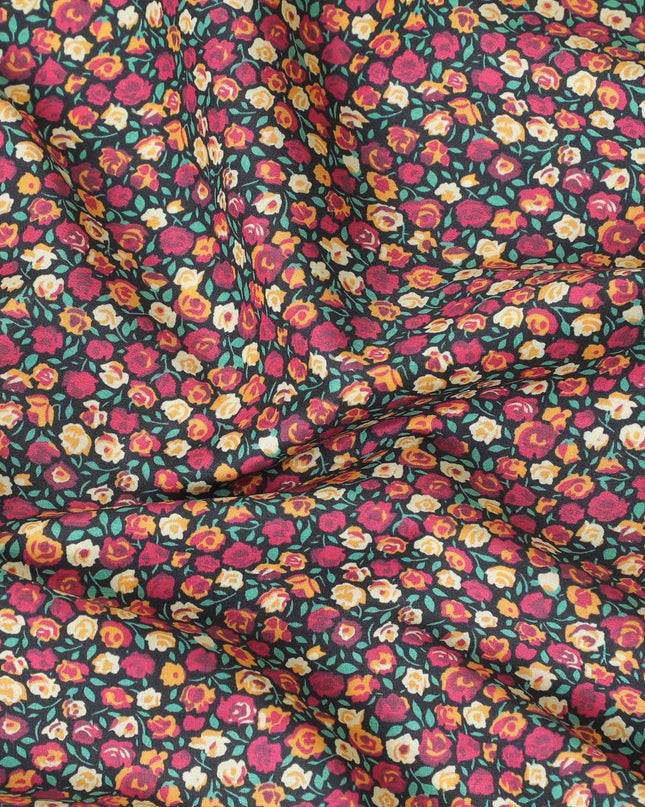 Black 100% Swiss cotton lawn fabric with magenta pink, peach and turquoise green print in floral design-D10103
