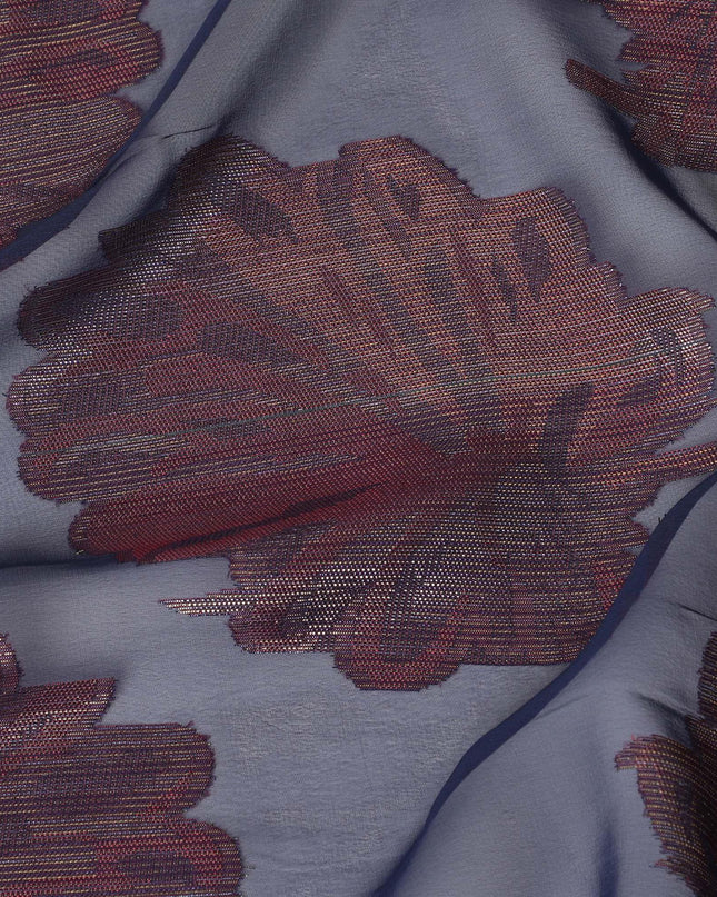 Navy blue synthetic chiffon fabric with crimson red viscose and gold metallic lurex in floral design-D11899 Regal Fabrics