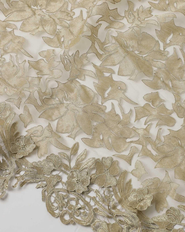 Honeysuckle beige nylon tulle fabric with floral embroidery and fancy border in floral design