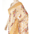 Sepia beige blended synthetic chiffon saree with multicolor embroidery in fancy design having mustard and baby pink embroidery