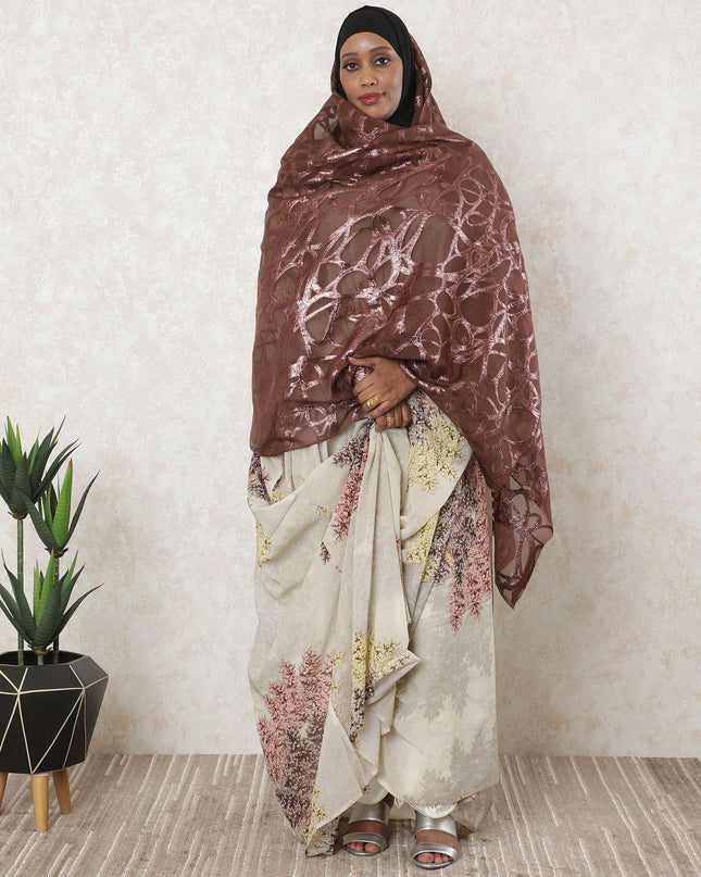 جرباسار شيفون من الحرير الخالص باللون البني مع لوريكس معدني بنفس اللون بتصميم تجريدي-D11549