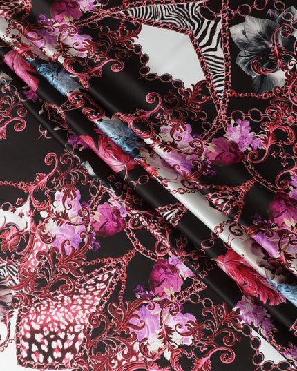 Black premium pure Italian silk satin fabric with multicolor print in floral design-D13746