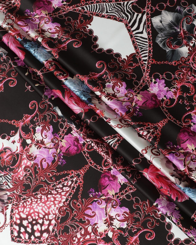Black premium pure Italian silk satin fabric with multicolor print in floral design-D13746