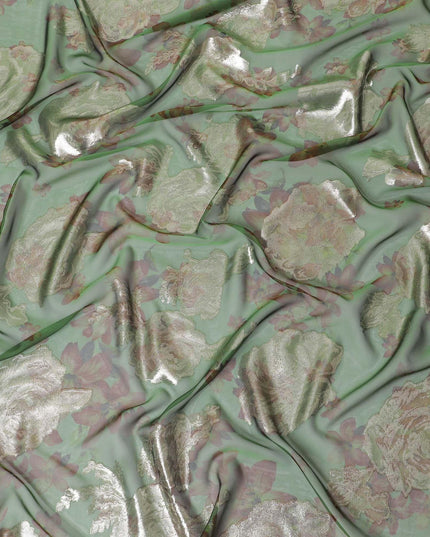 قماش شيفون من الحرير الخالص الفاخر باللون الأخضر الغابة مع طباعة بنية اللون مع لوريكس معدني ذهبي بتصميم زهور-D10782