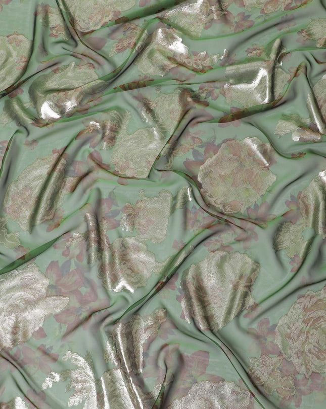 قماش شيفون من الحرير الخالص الفاخر باللون الأخضر الغابة مع طباعة بنية اللون مع لوريكس معدني ذهبي بتصميم زهور-D10782