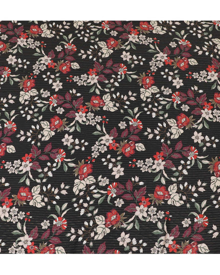 قماش كريب فيسكوز أسود مطبوع مع طبعات متعددة الألوان ولوريكس معدني بتصميم زهور-D11165