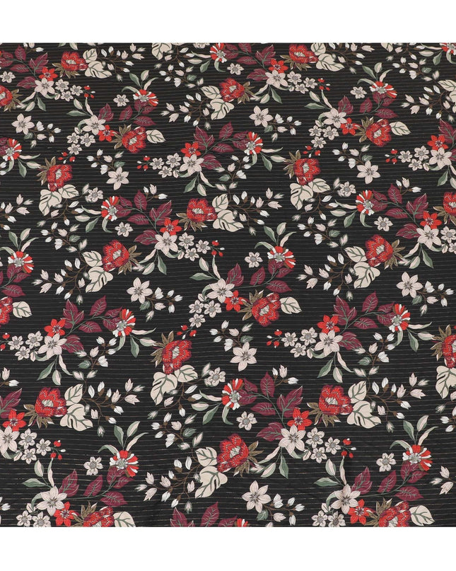 قماش كريب فيسكوز أسود مطبوع مع طبعات متعددة الألوان ولوريكس معدني بتصميم زهور-D11165