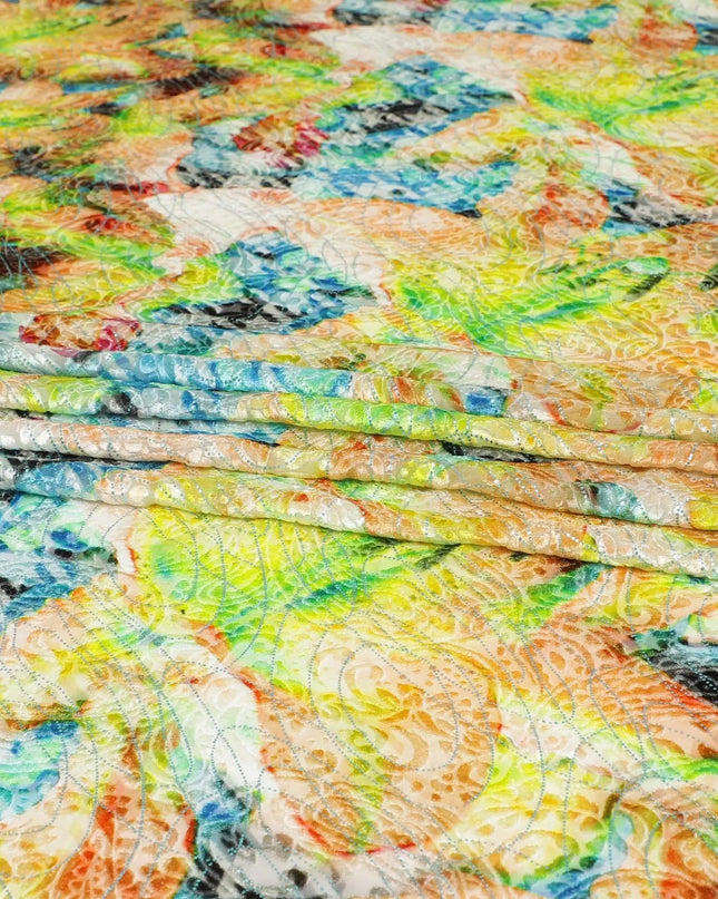 Multicolor Italian Premium silk chiffon dirac (makmal) fabric with velvet jacquard in floral design-D8655 Regal Fabrics