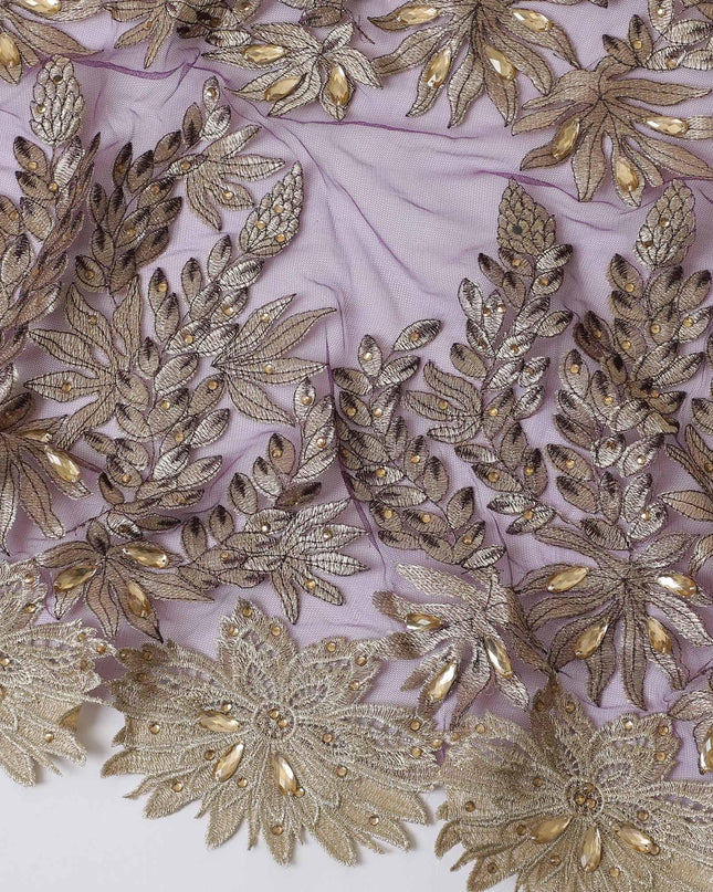 Purple nylon tulle fabric with gold embroidery having stone work in floral design-D11741 Regal Fabrics