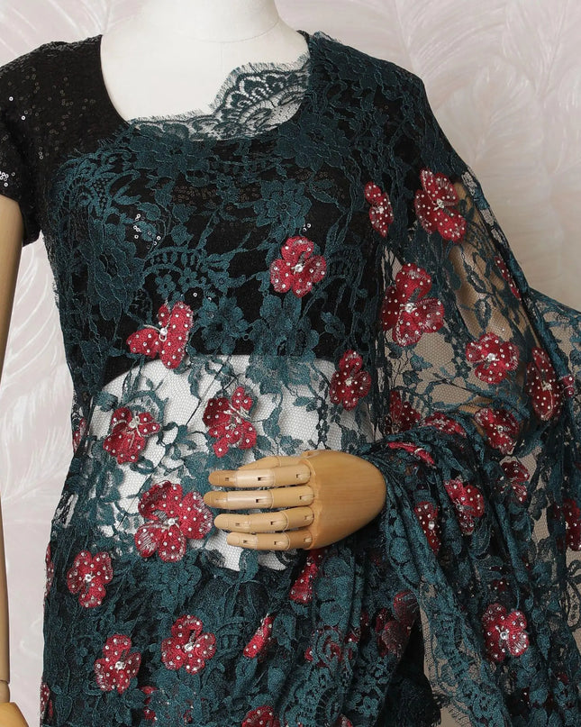 Petrol blue, black Premium pure French two tone chantilly lace saree with crimson red, gold embroidery having stone work in floral design-D15543 Regal Fabrics