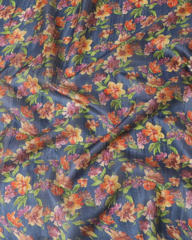 Petrol blue tussar silk fabric with olive green, tangerine orange, blonde yellow and light plum print in floral design-D6140 Regal Fabrics