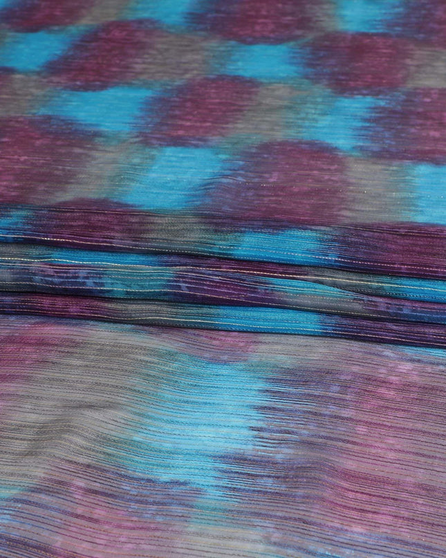 قماش شيفون حريري خالص متعدد الألوان مطبوع مع لوركس معدني ذهبي بتصميم مخطط -D8949